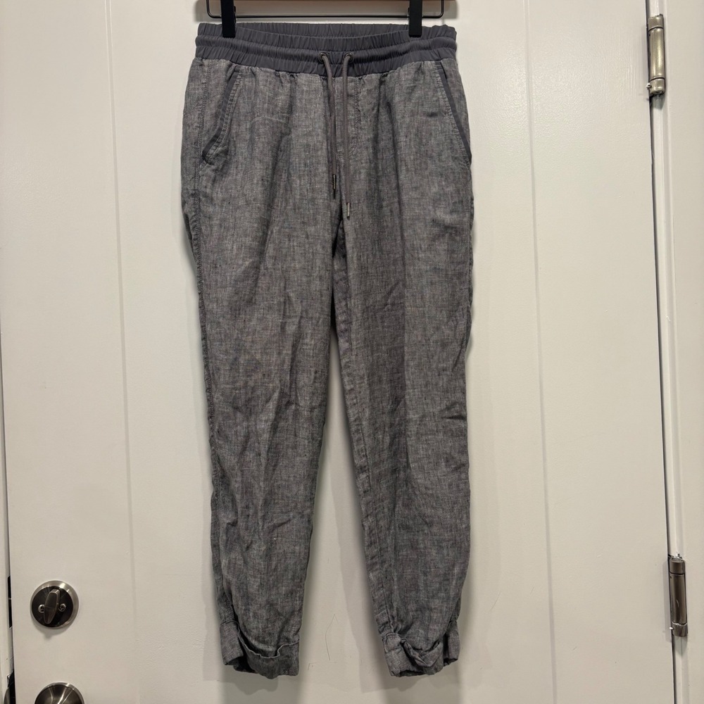 Athleta Gray Linen Joggers Size 2 Elastic‎ Drawstring Tapered Pants Heathered